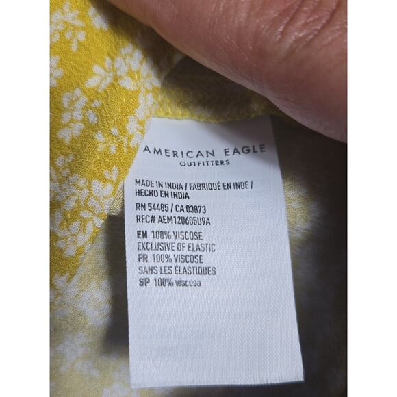 American Eagle Shirt Womens Medium Yellow Floral Long Sleeve Blouse Ruched Top - Picture 3 of 10